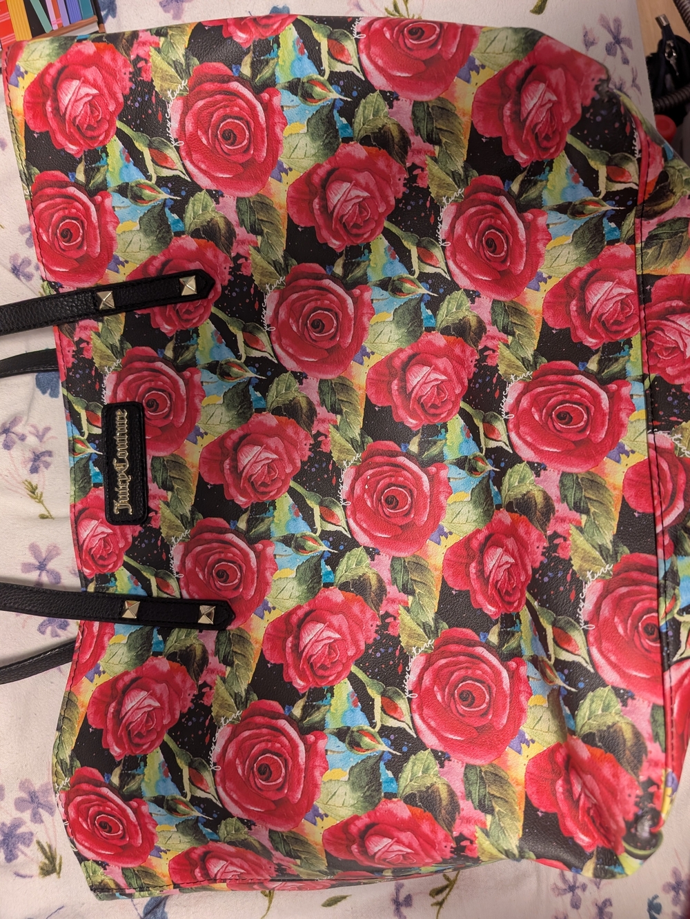 Juicy Couture Tote with Pink Roses And Black Trim